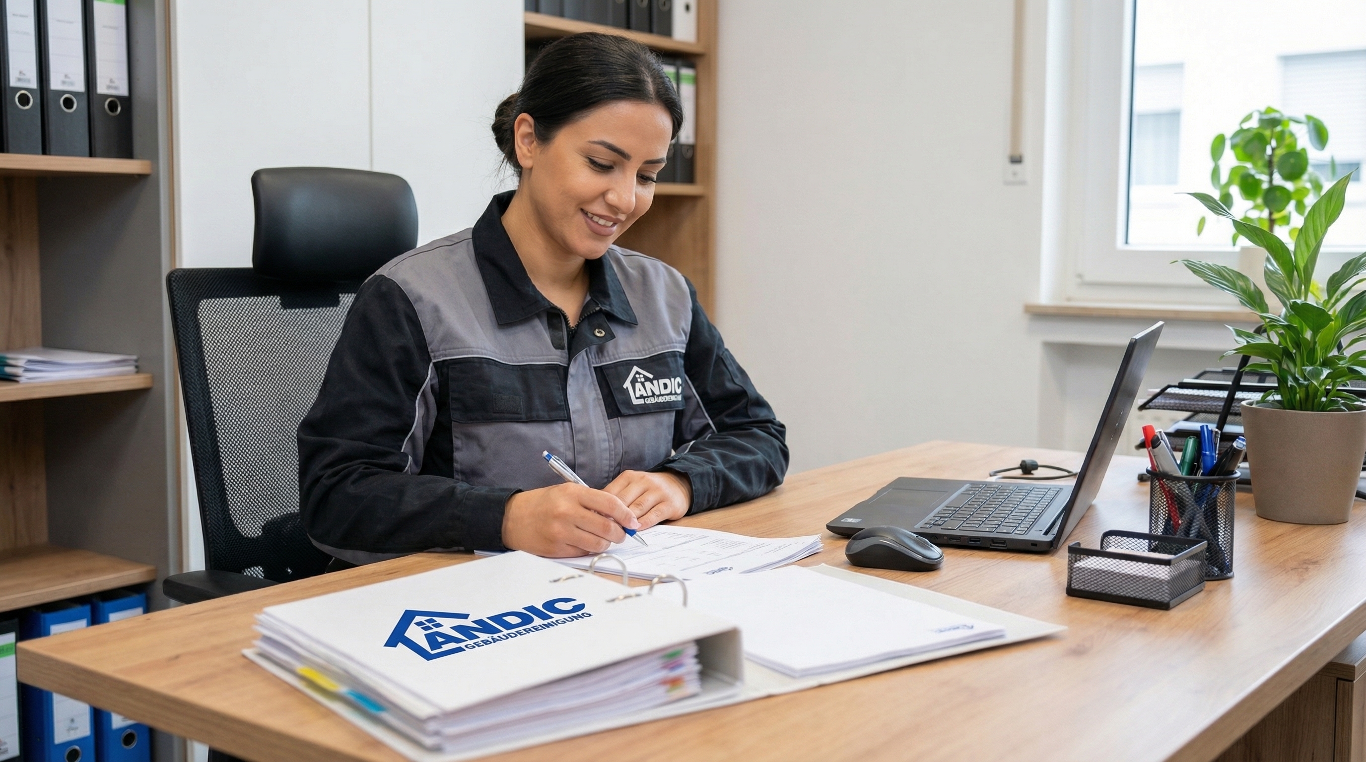 KI-generiertes Bild Dienstleistung – Mitarbeiter-Ausweis Gebäudereinigungsunternehmen