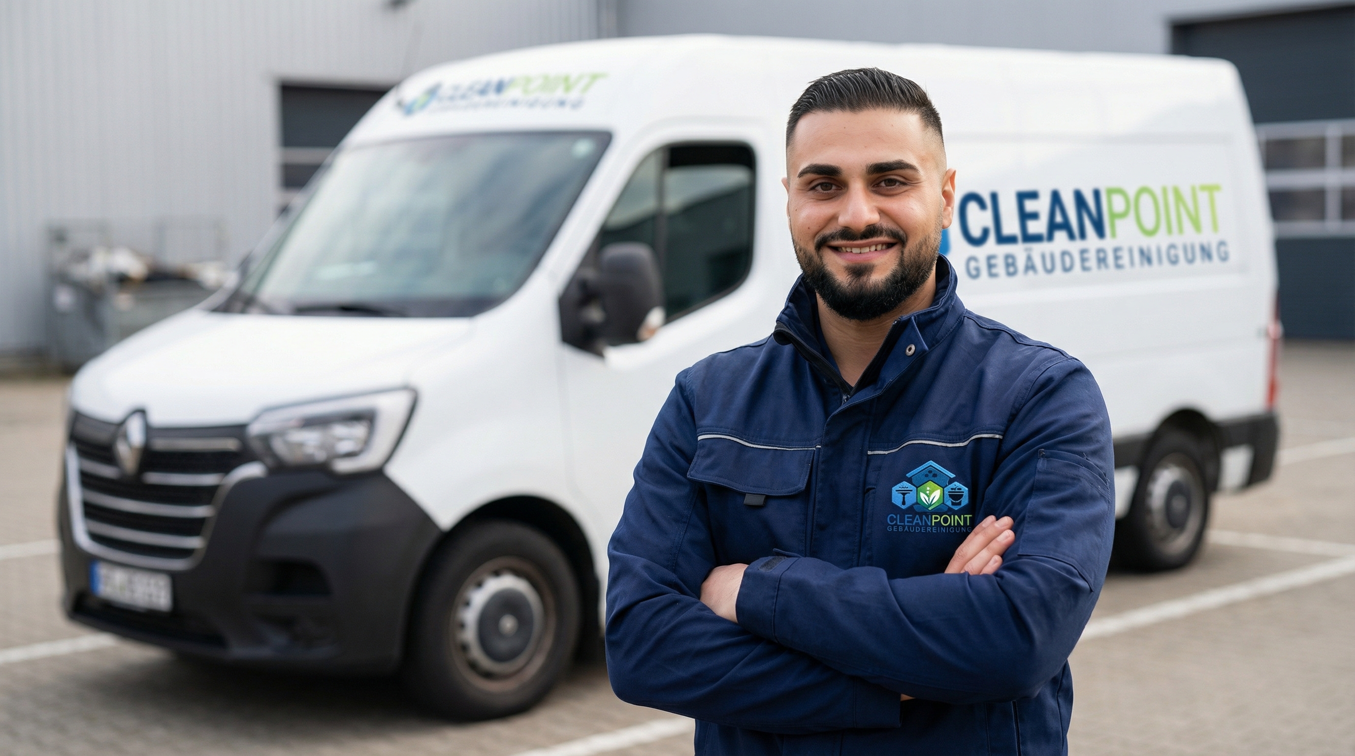 KI-generiertes Bild Dienstleistung – Firmenfahrzeug Gebäudereinigung mit Logo